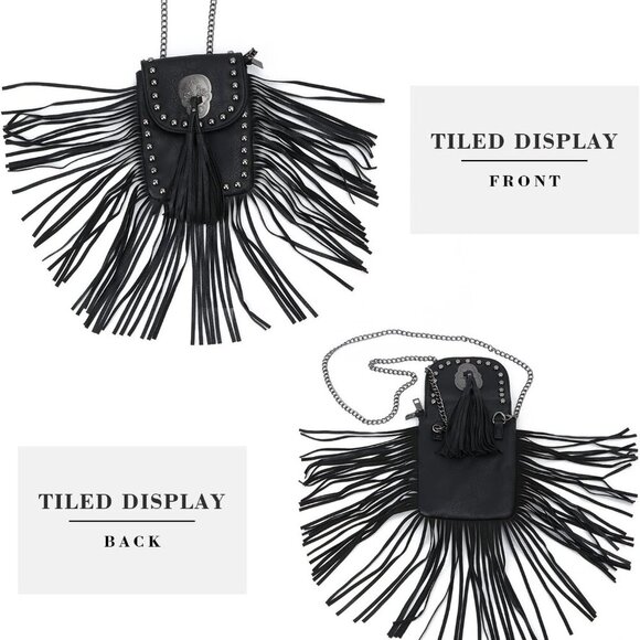 Leather Skull Fringe Purses for Women Black Tassel Shoulder Crossbody Bag Unique - Picture 4 of 6